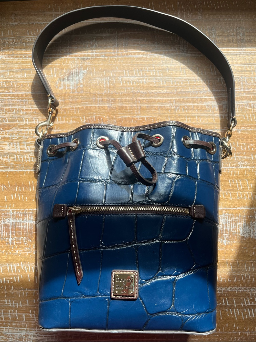Dooney & Bourke Navy Blue Croc-Embossed Bucket Shoulder Bag